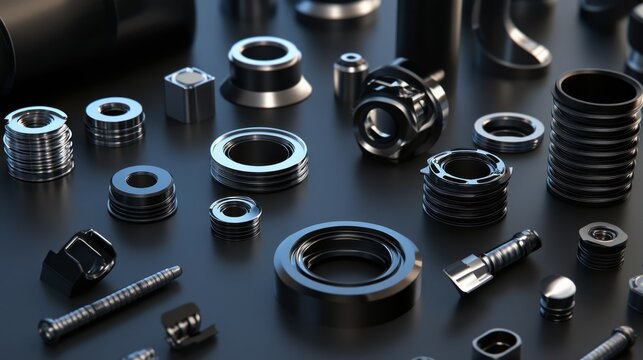 Industrial Components, various metal parts on dark background