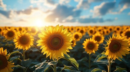 Fototapeta premium Sunlit Sunflower Field at Golden Hour