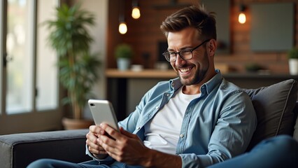 A man is sitting on a couch, smiling while looking at his phone in a cozy living room setting.