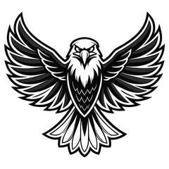 Black and White Eagle Illustration, Wings Spread, Detailed Feathers, Strong Stare