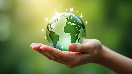 Hands holding green Earth icon symbolizing care saving energy renewable energy and sustainable environment for World Earth Day concept concept as Hands holding green Earth icon representing care savin