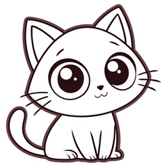 Cartoonish White Cat Sitting with Big Eyes and Brown Outline on White Background
