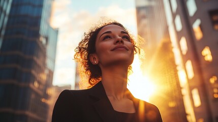 rich successful hispanic businesswoman outside in modern urban street near tall skyscrapers looking ahead with vision for financial growth leadership success and new opportunities in global business