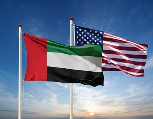 UAE and usa flag waving in the same direction withblue sky background