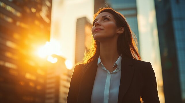 rich successful hispanic businesswoman outside in modern urban street near tall skyscrapers looking ahead with vision for financial growth leadership success and new opportunities in global business
