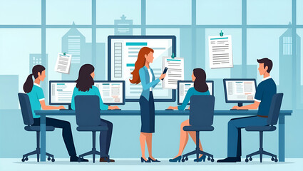 Flat Business People Working with Computers and Smartphones: A Cute Vector Illustration of ISO Certification, Document Management Systems, and Quality Assurance Concepts for Top Service