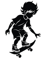 Fototapeta premium Black silhouette of a boy on skateboard on white background