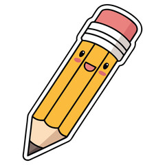 Cute Cartoon Pencil with Eraser, Smiling Face, Light Yellow Color, Thick Black Outline