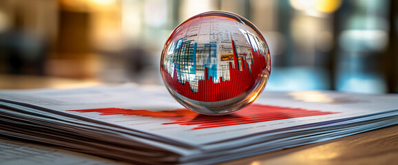 Glass sphere reflecting red bar graph on stack of papers, showcasing financial data analysis, representing business trends or market fluctuations