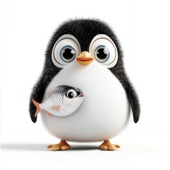 Fototapeta premium Adorable Cartoon Penguin Holding a Fish: A Charming Illustration for Children's Books and Greeting Cards
