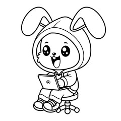 Happy bunny playing laptop, for coloring