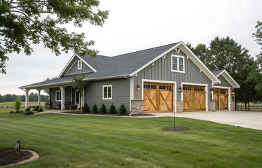A gray ranch style model Hedges around modern house