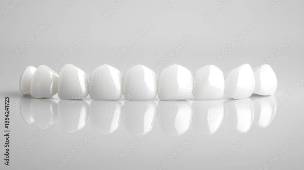 Poster close-up view showcasing perfectly white ceramic veneers with high gloss effect against a clean whit