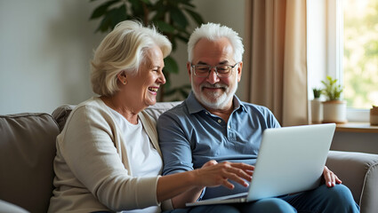Senior Couple Engaged in Digital Communication with Laptop at Home: Embracing Modern Technology Together