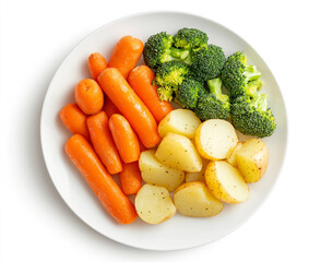 Photo of a plate with potatoes, carrots, and broccoli on a white background.