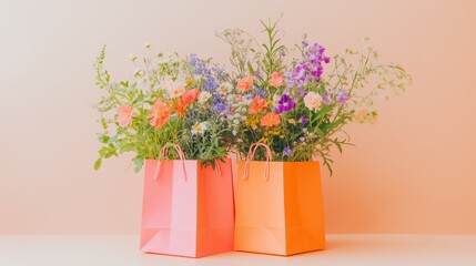 Two orange shopping bags overflowing with colorful wildflowers on a peach surface, against an off-white background, create a warm and inviting springtime scene