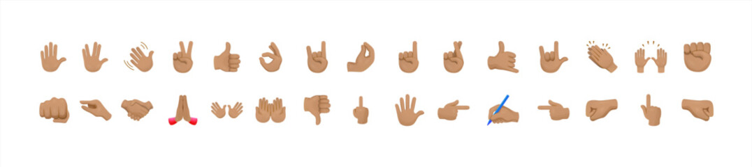 Fototapeta premium All hand emojis, stickers in all skin colors. Hand emoticons vector illustration symbols set, collection. Hands, handshakes, muscle, finger, fist, direction, like, unlike, fingers. Vector 10 eps.