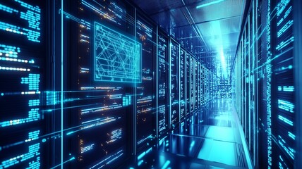 Futuristic data center with glowing geometric server racks and cool blue LED lighting, transparent holographic interface displaying neural network diagrams in hyper-modern cinematic style.