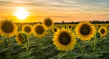 Fototapeta premium A sunflower field in full bloom under a golden summer sky, Ai Generated