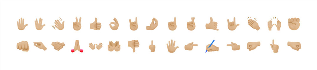 Fototapeta premium All hand emojis, stickers in all skin colors. Hand emoticons vector illustration symbols set, collection. Hands, handshakes, muscle, finger, fist, direction, like, unlike, fingers. Vector 10 eps.
