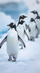 Fototapeta premium Charming Penguin Parade: A Heartfelt Display of Nature's Tuxedoed Walkers in a Wintry Wonderland