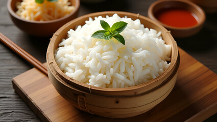 Flat Thai sticky rice in a woven bamboo basket on a wooden panel showcasing traditional cuisine and cultural presentation concept as Thai sticky rice placed in a woven bamboo basket on a wooden panel 