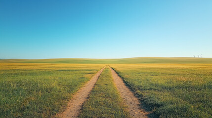 Obraz premium A rural road through a green field under a blue sky with clouds 
