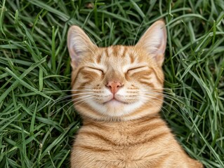 Cats retract their claws while sleeping. A relaxed cat lying on grass with its eyes closed.