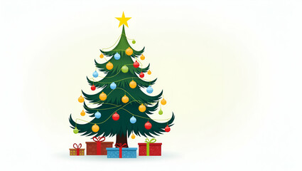 Flat Vector Christmas Tree Illustration with Lights, Stars, and Snow