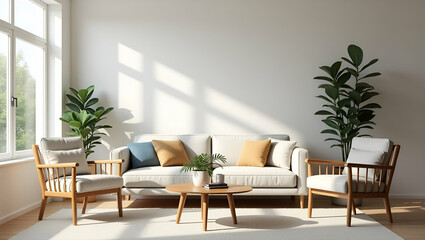 Modern Living Room Decor: Cozy Sofa, Stylish Chairs & Charming Plant Pots in Vector Illustration