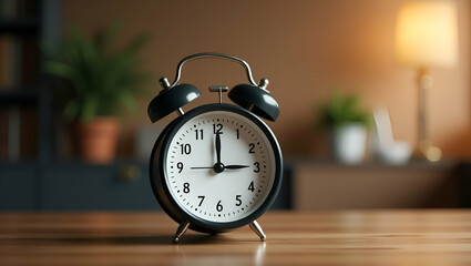 Flat Retro alarm clock on wooden table concept as Retro alarm clock on wooden table emphasizing vintage style simplicity and timeless design in daily objects in  Simple flat cute vector illustration o