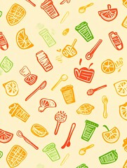 Colorful ramadan themed doodle art featuring food, mosque, and moon on a teal background