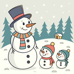 Cute Cartoon Snowmen Family Winter Scene Illustration.