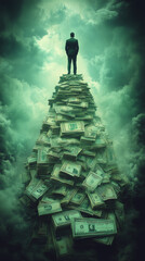 Gigantic pile of money in the shape of a mountain with a man on top
