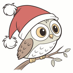 Cute Christmas Owl Illustration: Cartoon Bird in Santa Hat on Branch - Holiday Vector Graphic.