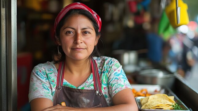 portrait of hardworking mexican woman cooking tacos at traditional street food stand symbolizing authentic cuisine cultural heritage and latin american culinary lifestyle in open market