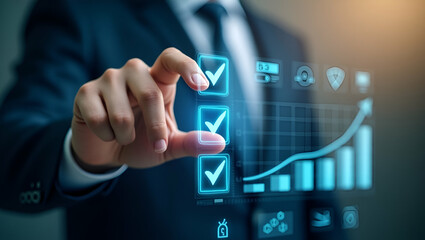 Project Management Progress: Businessman Tracking Tasks with Checkmarks