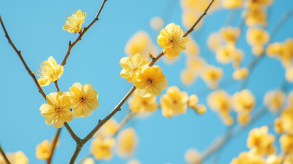 木の枝に咲くヤマブキと青空が描く春の鮮やかな調和