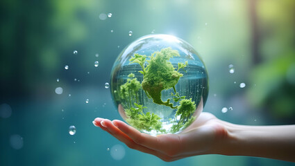Crystal Globe Symbolizing Clean Hydrogen Energy: A Vision for H2 Sustainability, Eco-Friendly Industry, Climate Action, and Net Zero Emissions in Stock Photo Concept