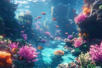 Obraz premium Vibrant coral reef with colorful fish, plants, and clear blue water. Use it for themes like ocean life, travel, or environmental conservation.