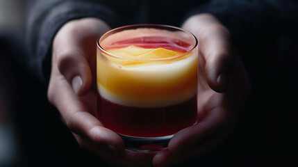 Barman&rsquo;s hands holding a perfectly layered cocktail