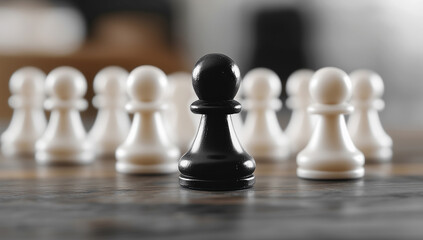 Unfolding strategy on a chessboard featuring a lone black pawn against a sea of white pieces during an intense match