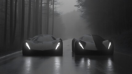 Two futuristic sports cars driving on a foggy road through a forest.