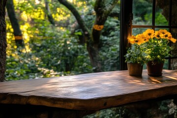 Fototapeta premium Rustic wooden table with yellow flowers, garden view