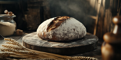 Obraz premium Rustic bread resting on a wooden board surrounded by ingredients in a warm kitchen atmosphere