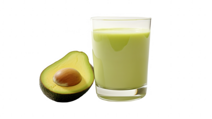 A glass of green liquid next to a green avocado