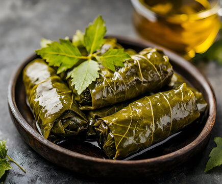 Stuffed grape leaves with olive oil on a dark background. Traditional Turkish cuisine delicacies. Delicious dolma (yaprak sarma). Horizontal view
