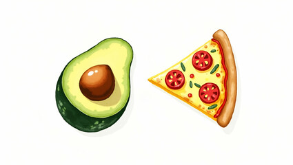Hand-Drawn Watercolor Avocado & Pizza Slice Clipart for Nursery Art