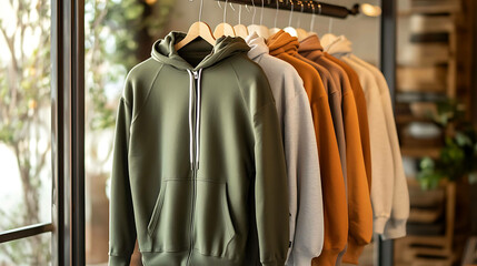 Fototapeta premium Lightweight zip-up hoodie in earthy tones hanging on a simple rack