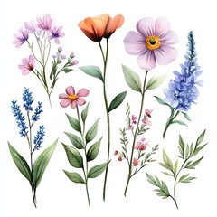 A vibrant collection of hand-drawn flowers and leaves in various colors, perfect for floral designs and decorations.
